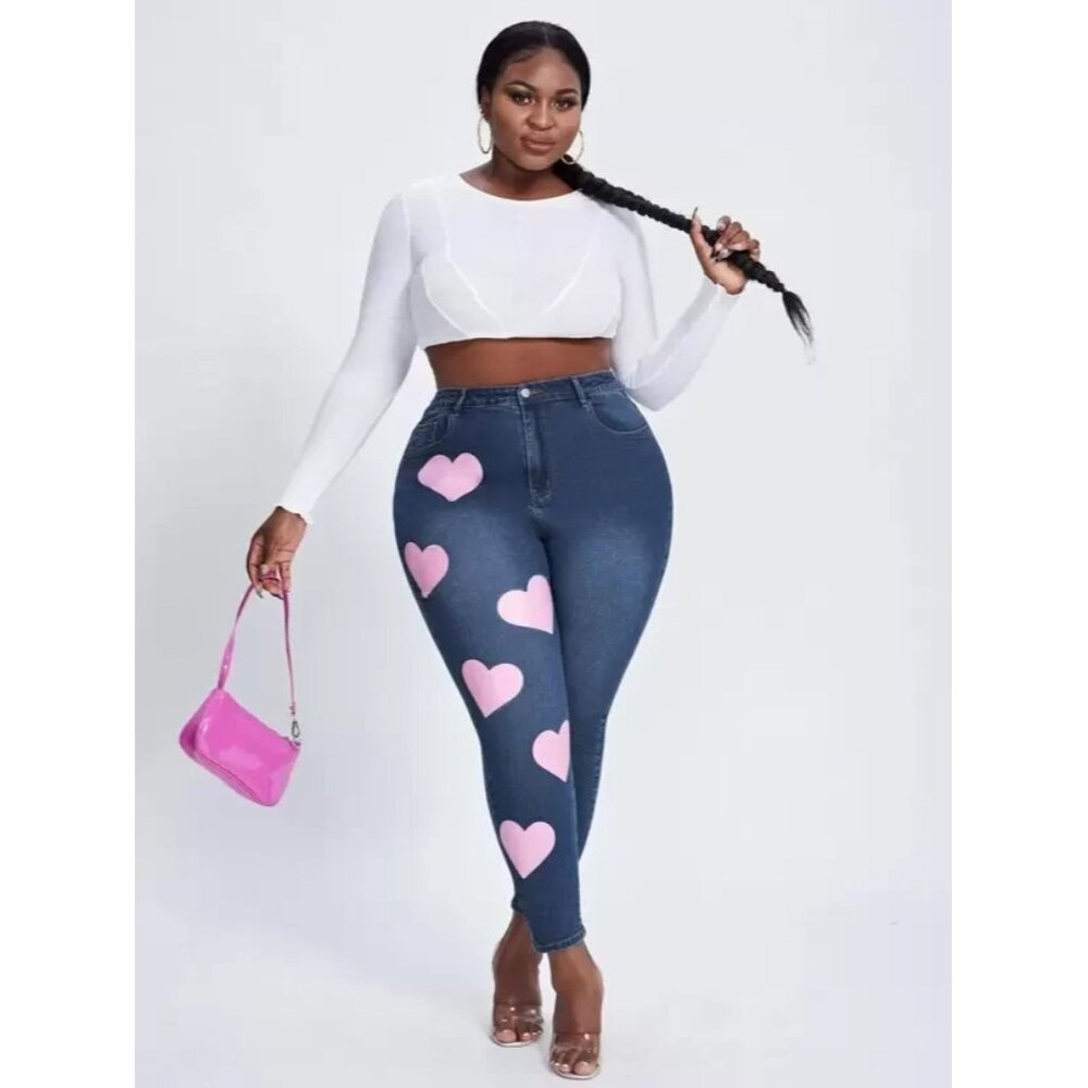 Shein Sexy Plus Heart Print Skinny Jeans Crop Low Rise Denim Blue Jeans 34x25